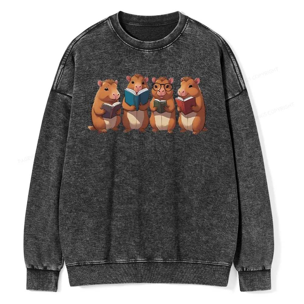 Tea Books Capybara Reading Unisex Washed Sweatshirt