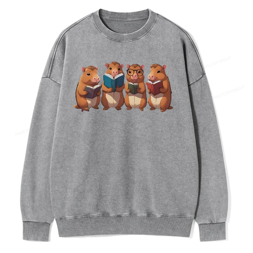 Tea Books Capybara Reading Unisex Washed Sweatshirt