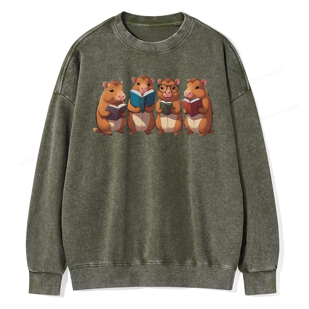 Tea Books Capybara Reading Unisex Washed Sweatshirt