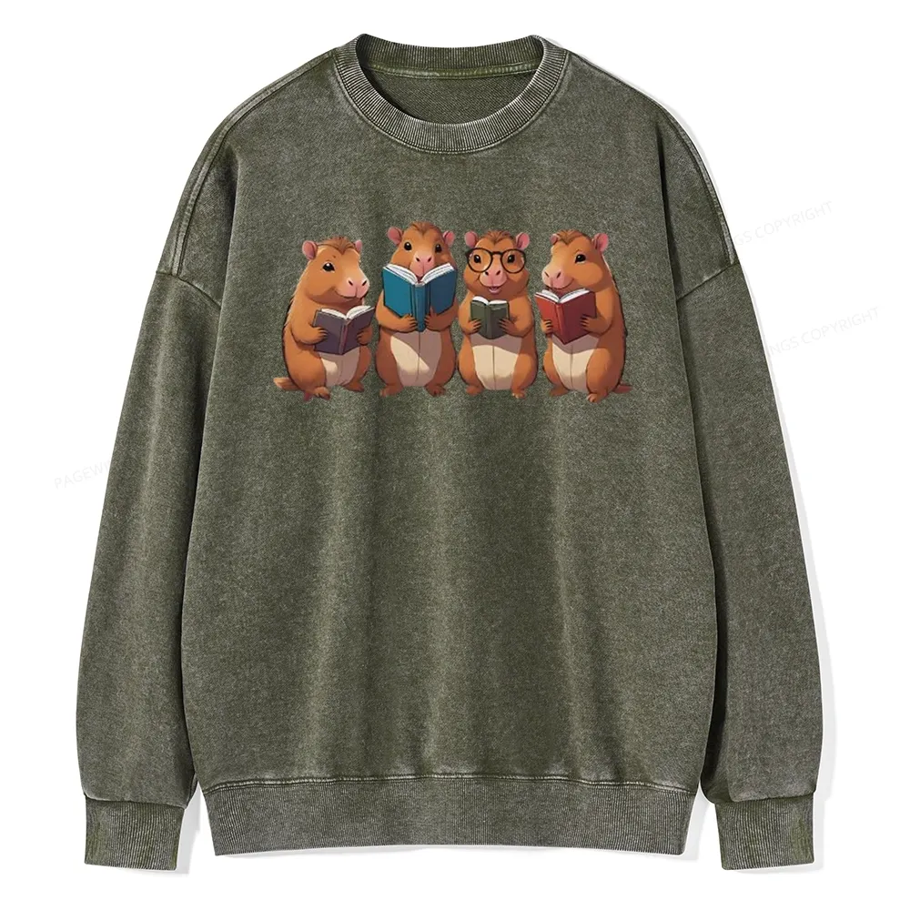 Tea Books Capybara Reading Unisex Washed Sweatshirt