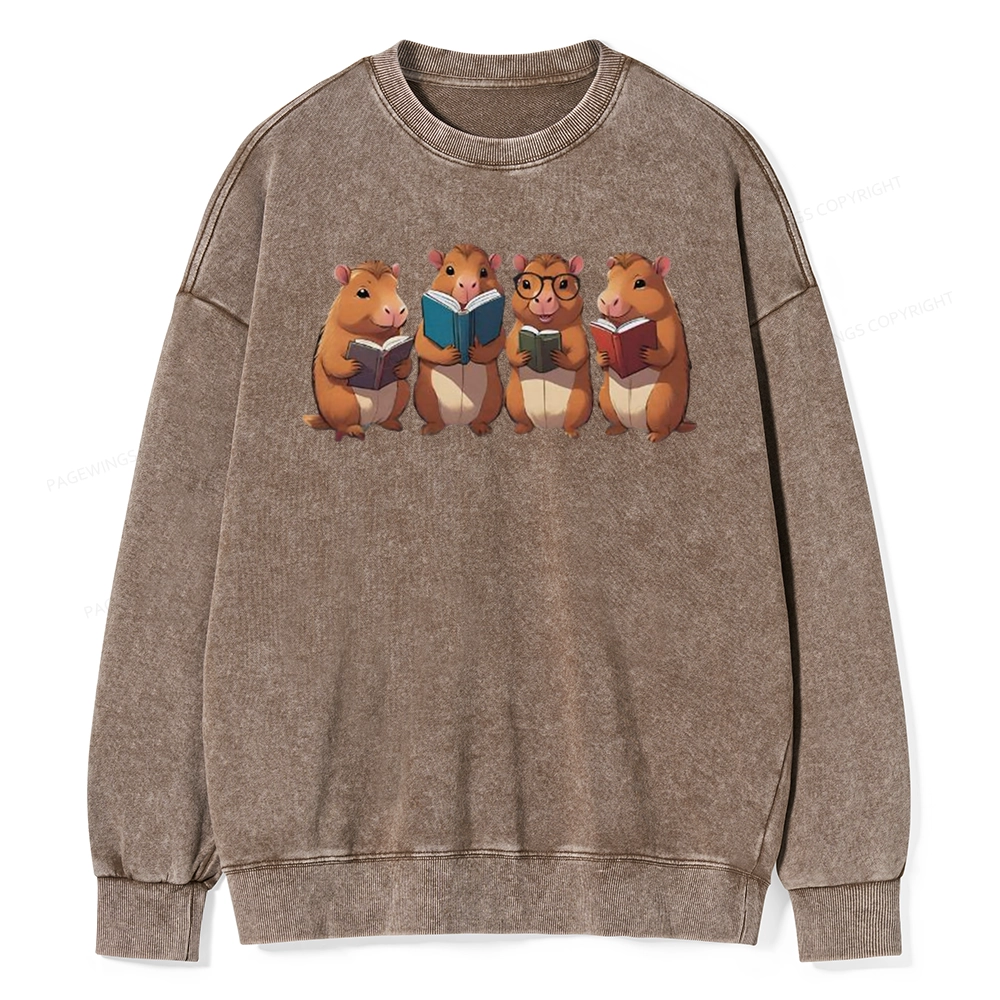 Tea Books Capybara Reading Unisex Washed Sweatshirt