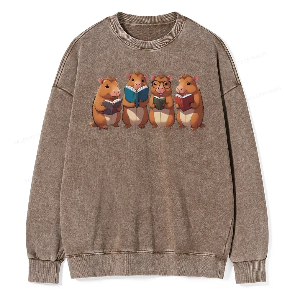 Tea Books Capybara Reading Unisex Washed Sweatshirt