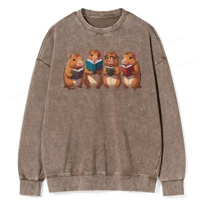 Tea Books Capybara Reading Unisex Washed Sweatshirt