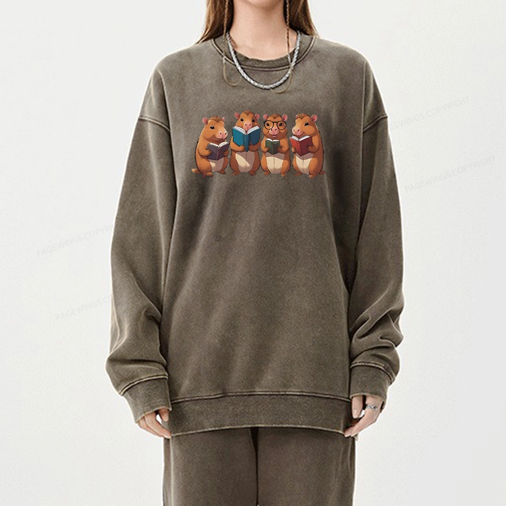 Tea Books Capybara Reading Unisex Washed Sweatshirt