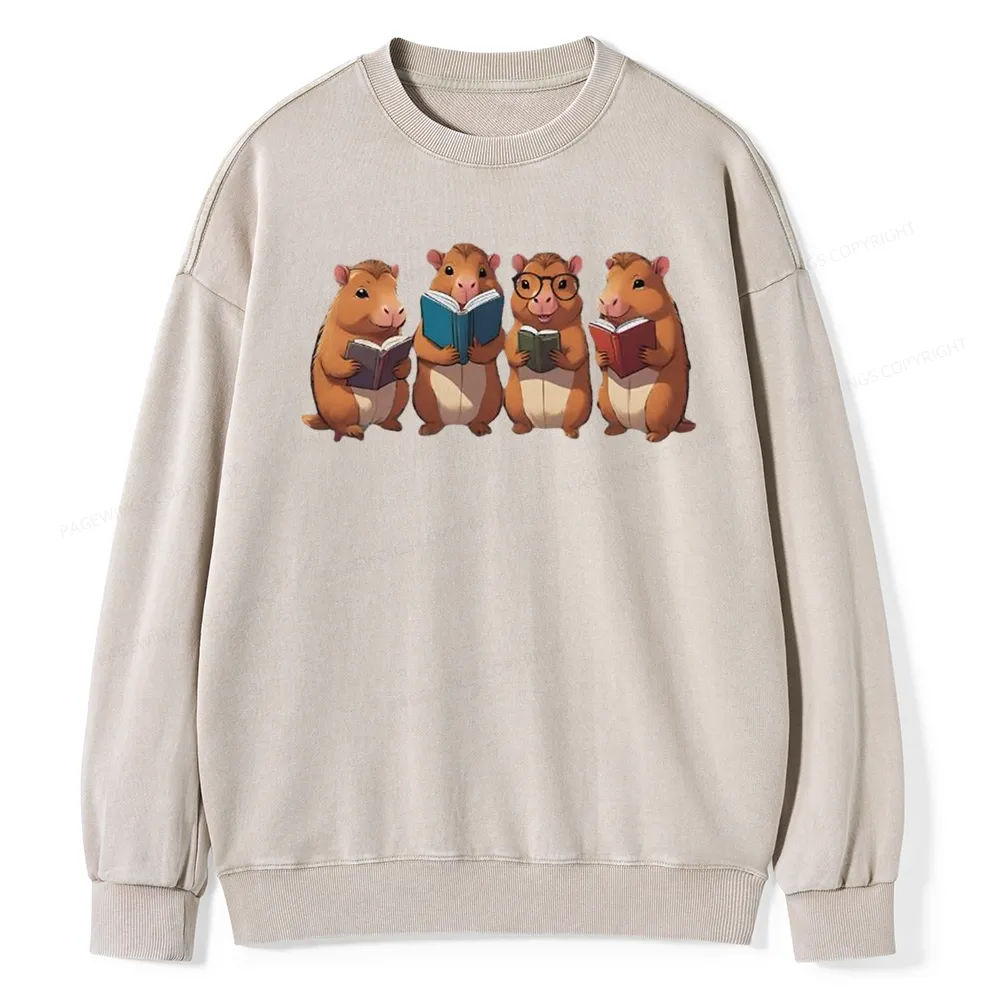 Tea Books Capybara Reading Unisex Washed Sweatshirt