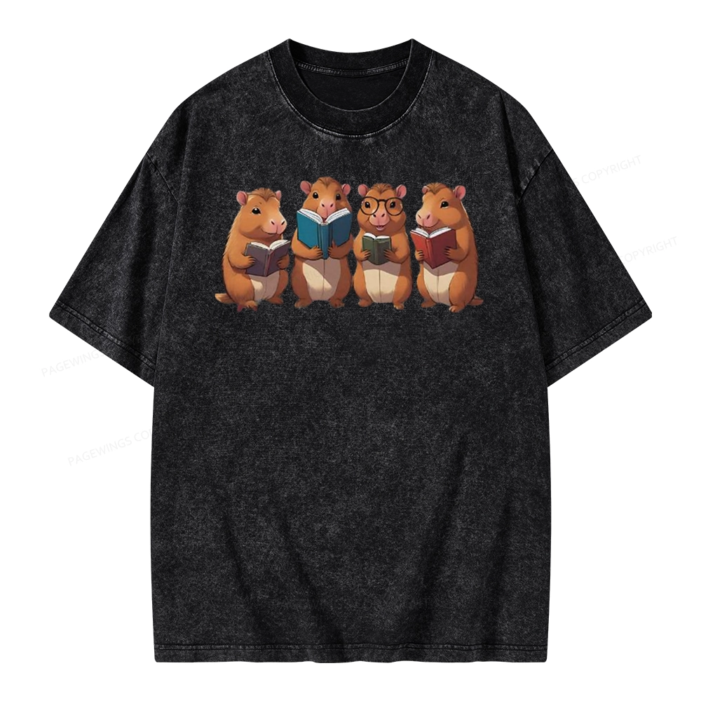 Tea Books Capybara Reading Unisex Washed T-shirt