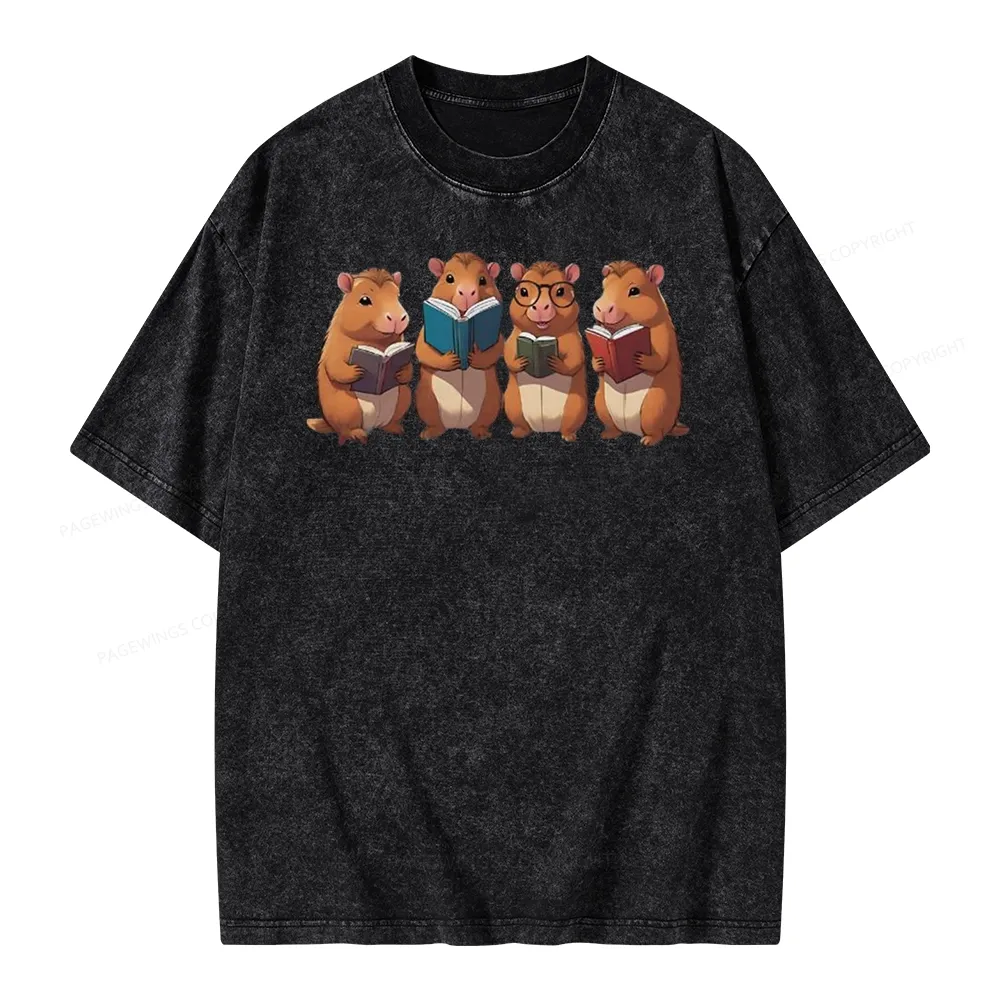 Tea Books Capybara Reading Unisex Washed T-shirt