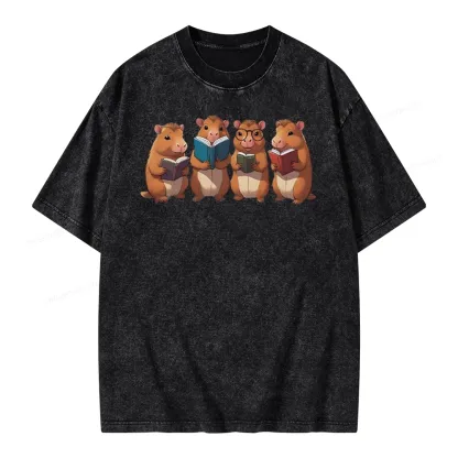 Tea Books Capybara Reading Unisex Washed T-shirt