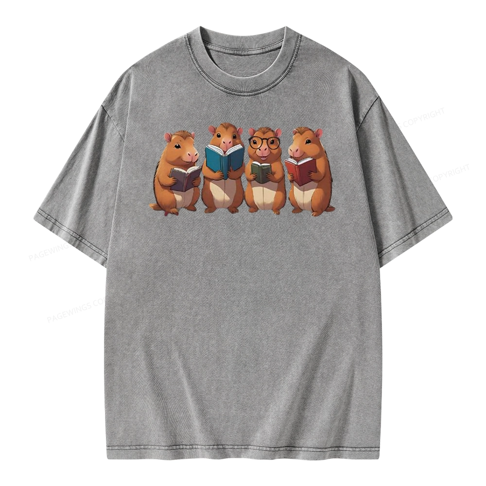 Tea Books Capybara Reading Unisex Washed T-shirt
