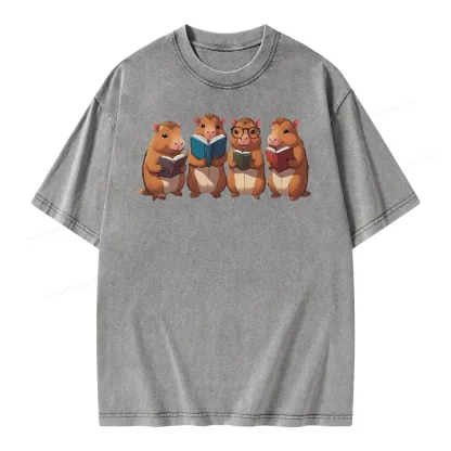Tea Books Capybara Reading Unisex Washed T-shirt