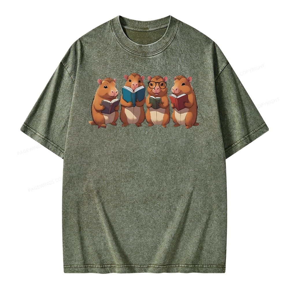 Tea Books Capybara Reading Unisex Washed T-shirt