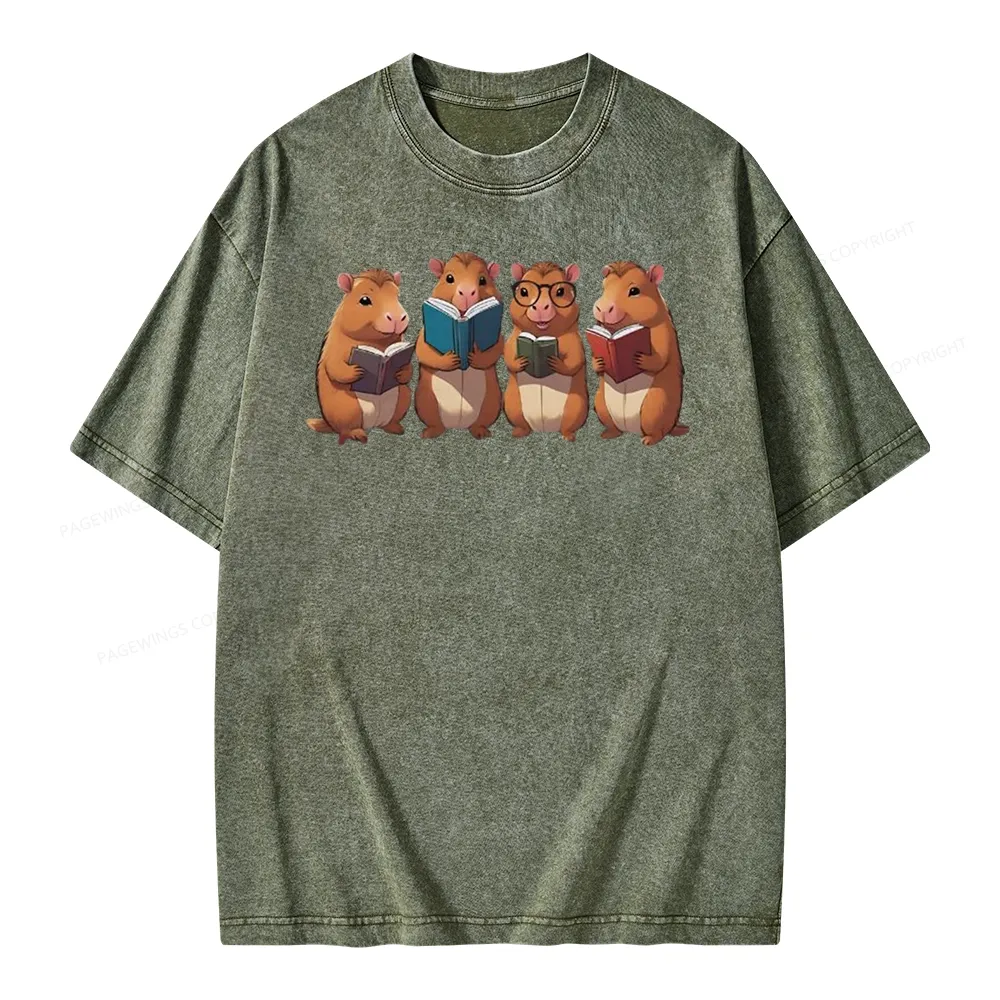 Tea Books Capybara Reading Unisex Washed T-shirt