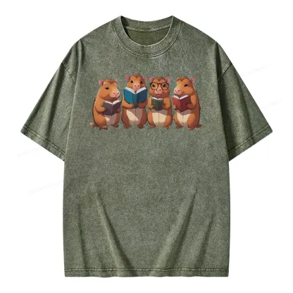 Tea Books Capybara Reading Unisex Washed T-shirt