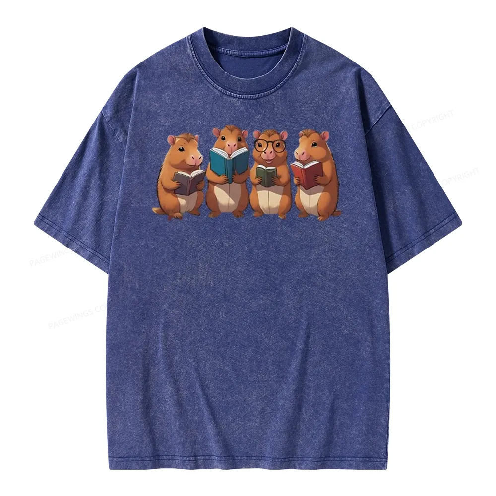 Tea Books Capybara Reading Unisex Washed T-shirt