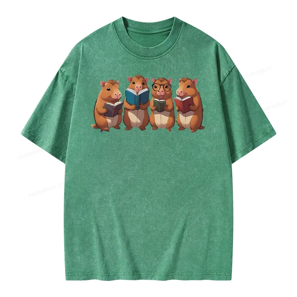 Tea Books Capybara Reading Unisex Washed T-shirt