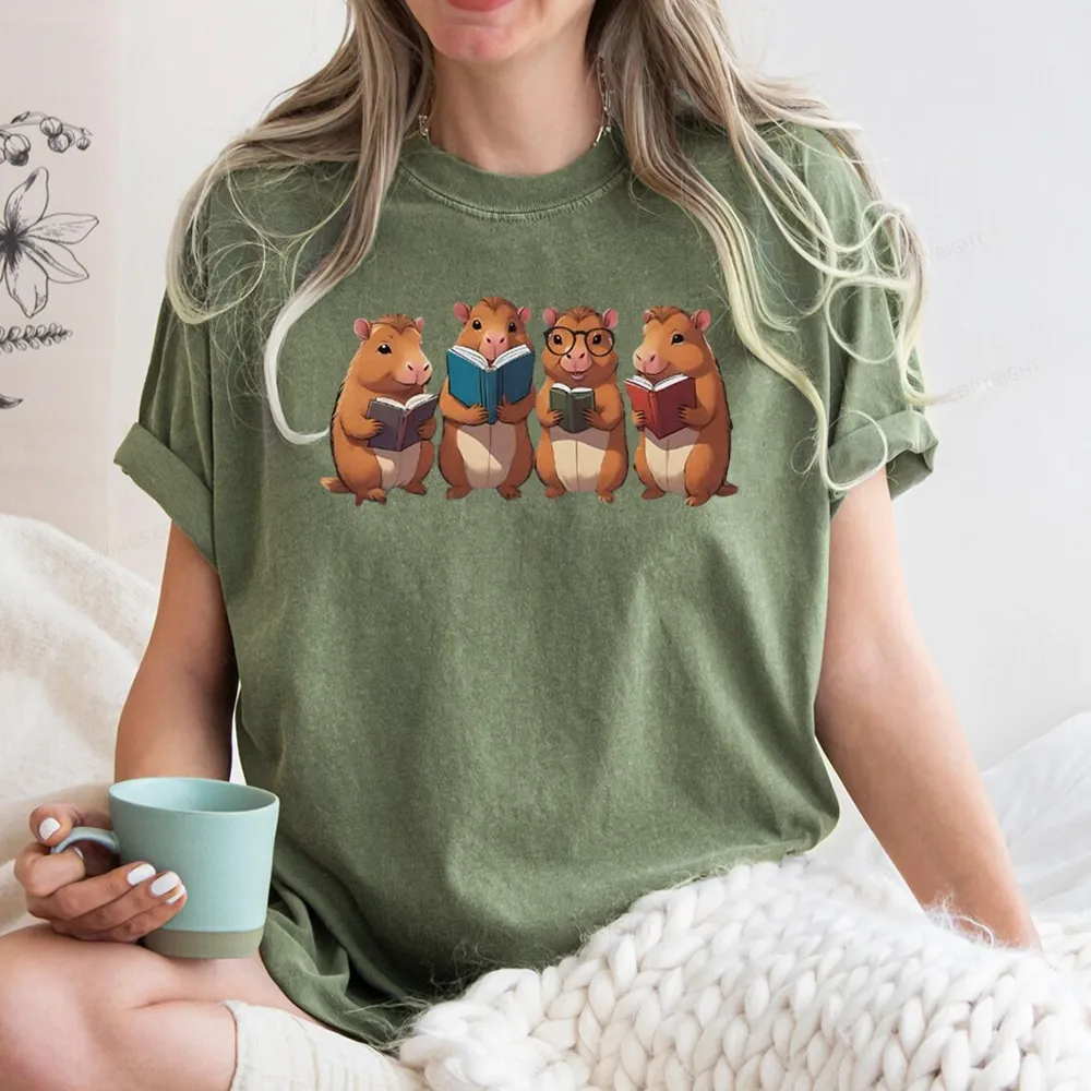 Tea Books Capybara Reading Unisex Washed T-shirt