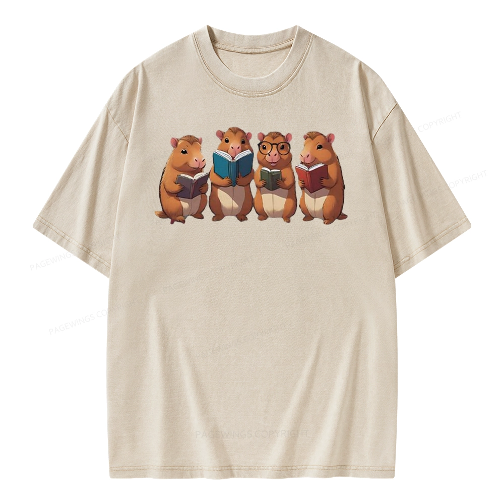 Tea Books Capybara Reading Unisex Washed T-shirt