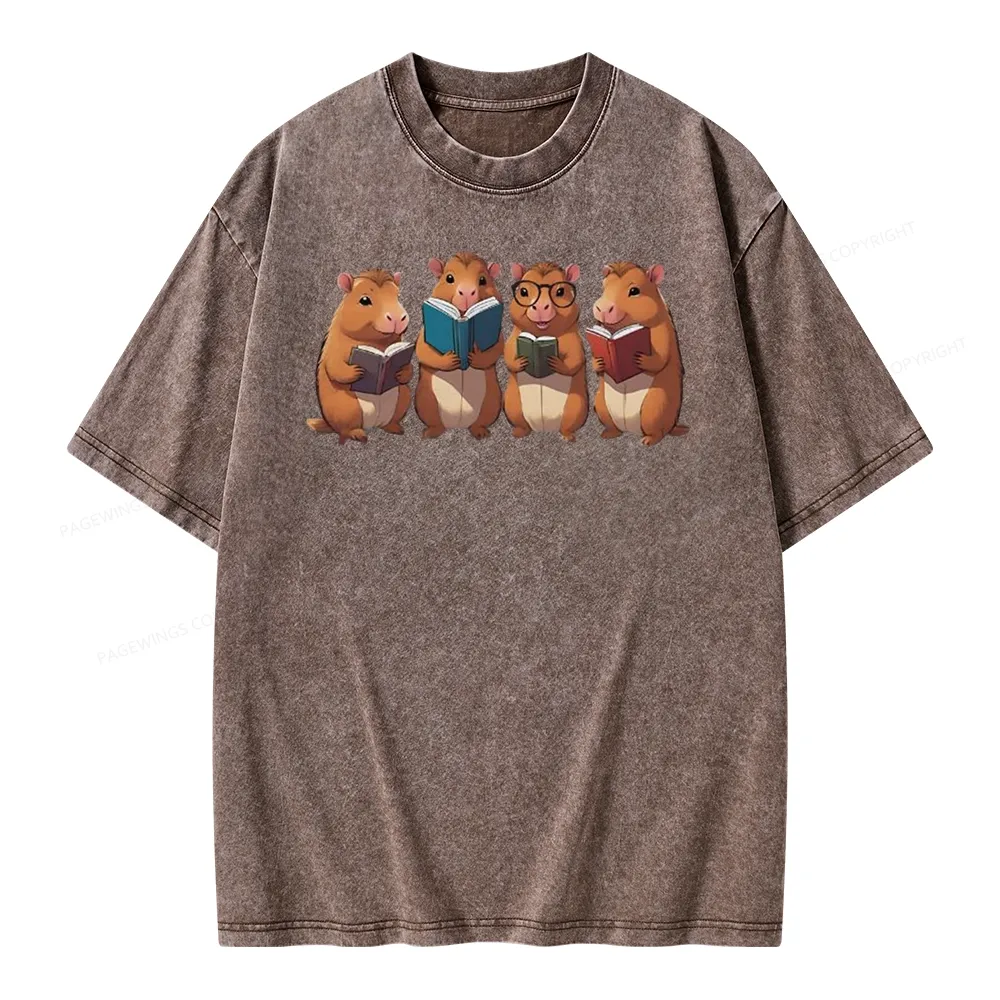 Tea Books Capybara Reading Unisex Washed T-shirt