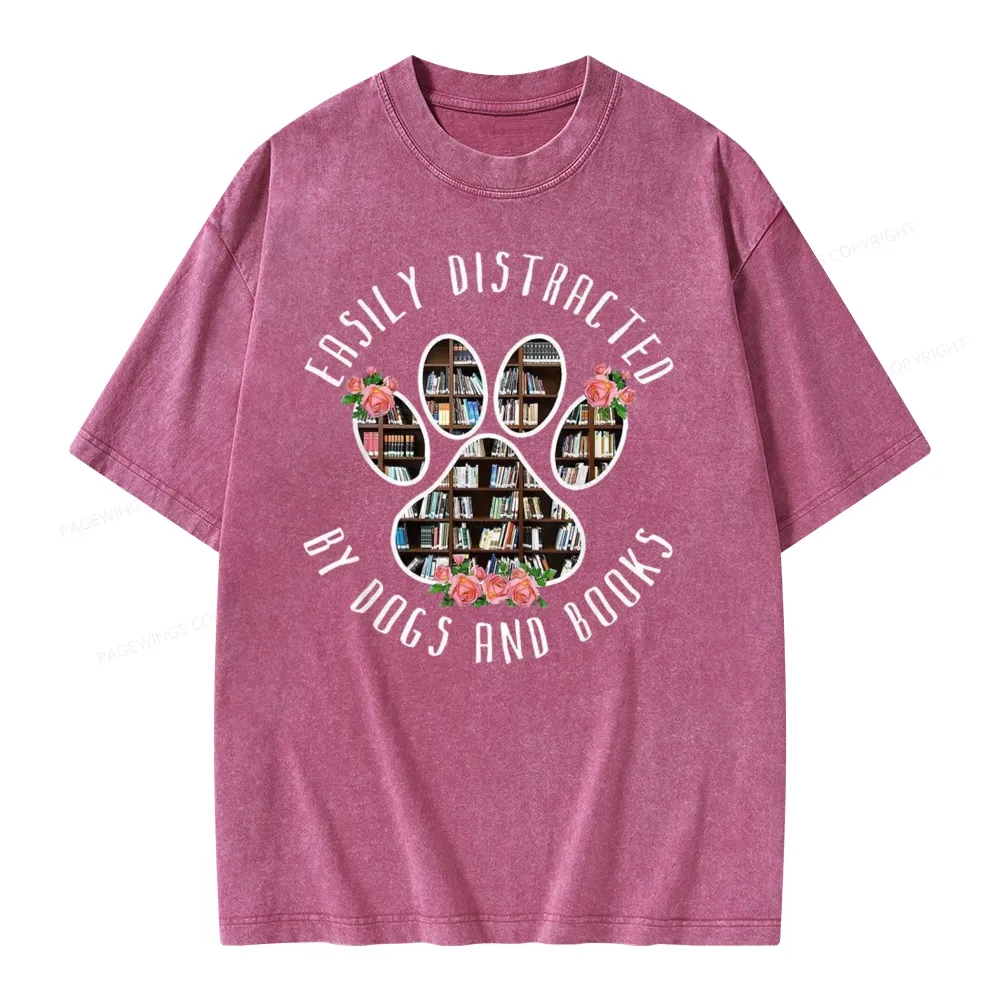 Pagewing Easily Distracted Dogs And Books Unisex Washed T-shirt