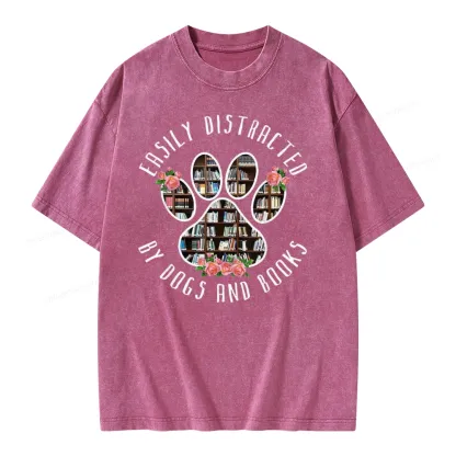 Pagewing Easily Distracted Dogs And Books Unisex Washed T-shirt