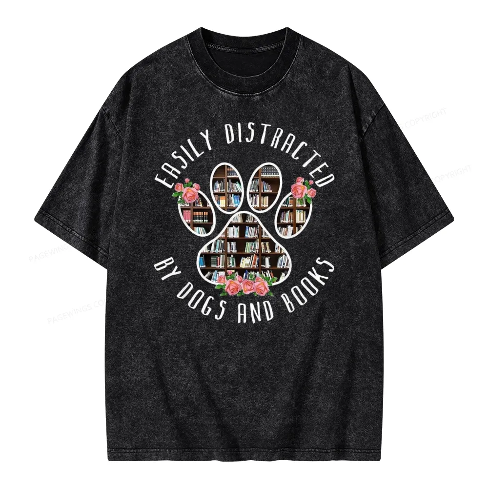 Pagewing Easily Distracted Dogs And Books Unisex Washed T-shirt