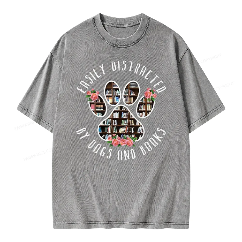 Pagewing Easily Distracted Dogs And Books Unisex Washed T-shirt