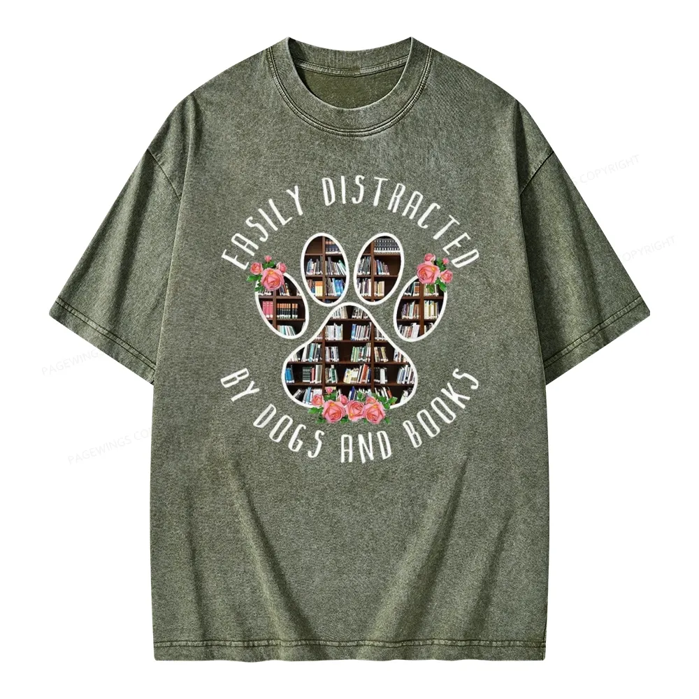 Pagewing Easily Distracted Dogs And Books Unisex Washed T-shirt