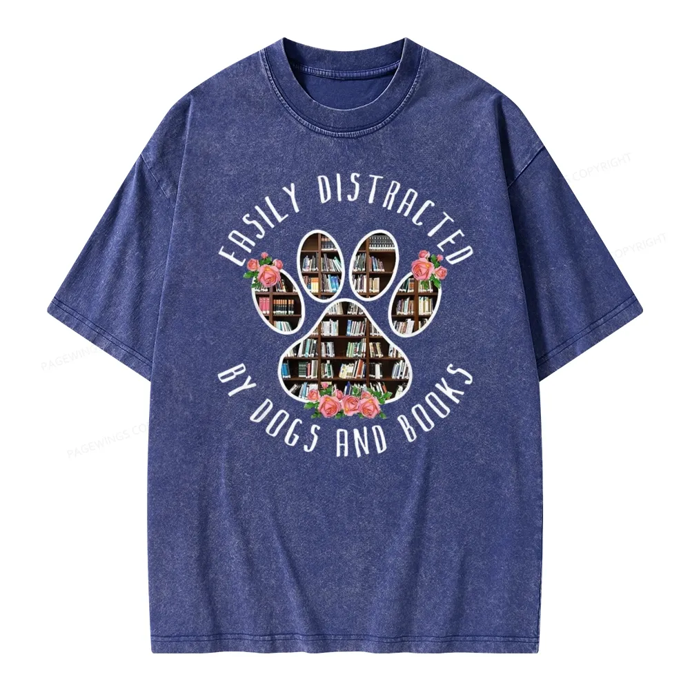 Pagewing Easily Distracted Dogs And Books Unisex Washed T-shirt
