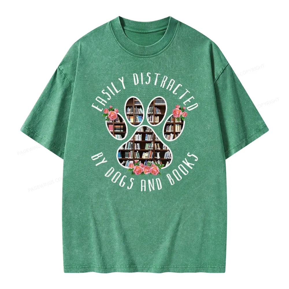 Pagewing Easily Distracted Dogs And Books Unisex Washed T-shirt