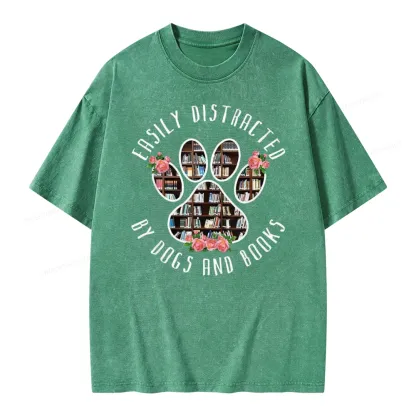 Pagewing Easily Distracted Dogs And Books Unisex Washed T-shirt