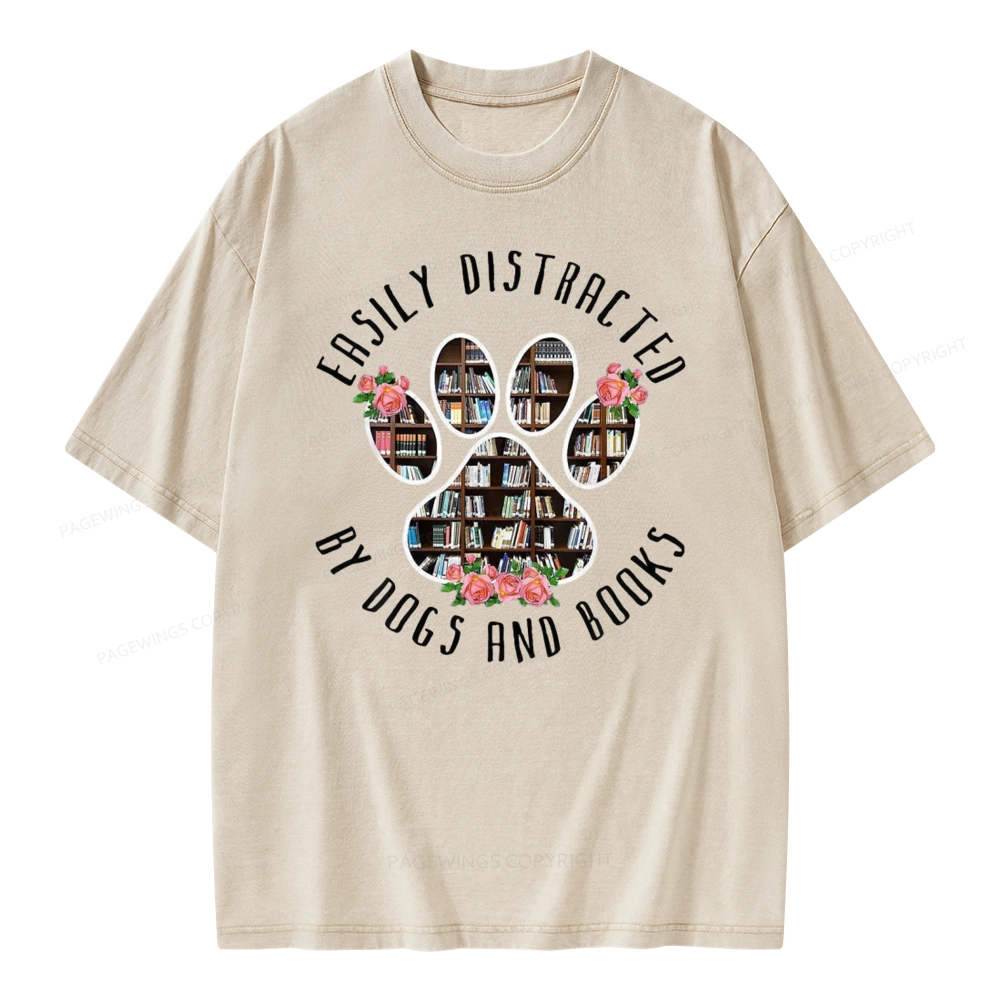 Pagewing Easily Distracted Dogs And Books Unisex Washed T-shirt