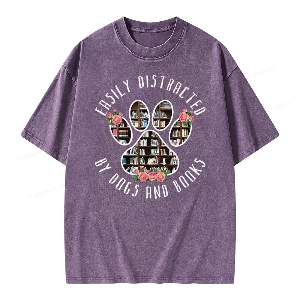 Pagewing Easily Distracted Dogs And Books Unisex Washed T-shirt