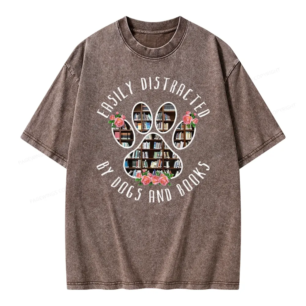 Pagewing Easily Distracted Dogs And Books Unisex Washed T-shirt