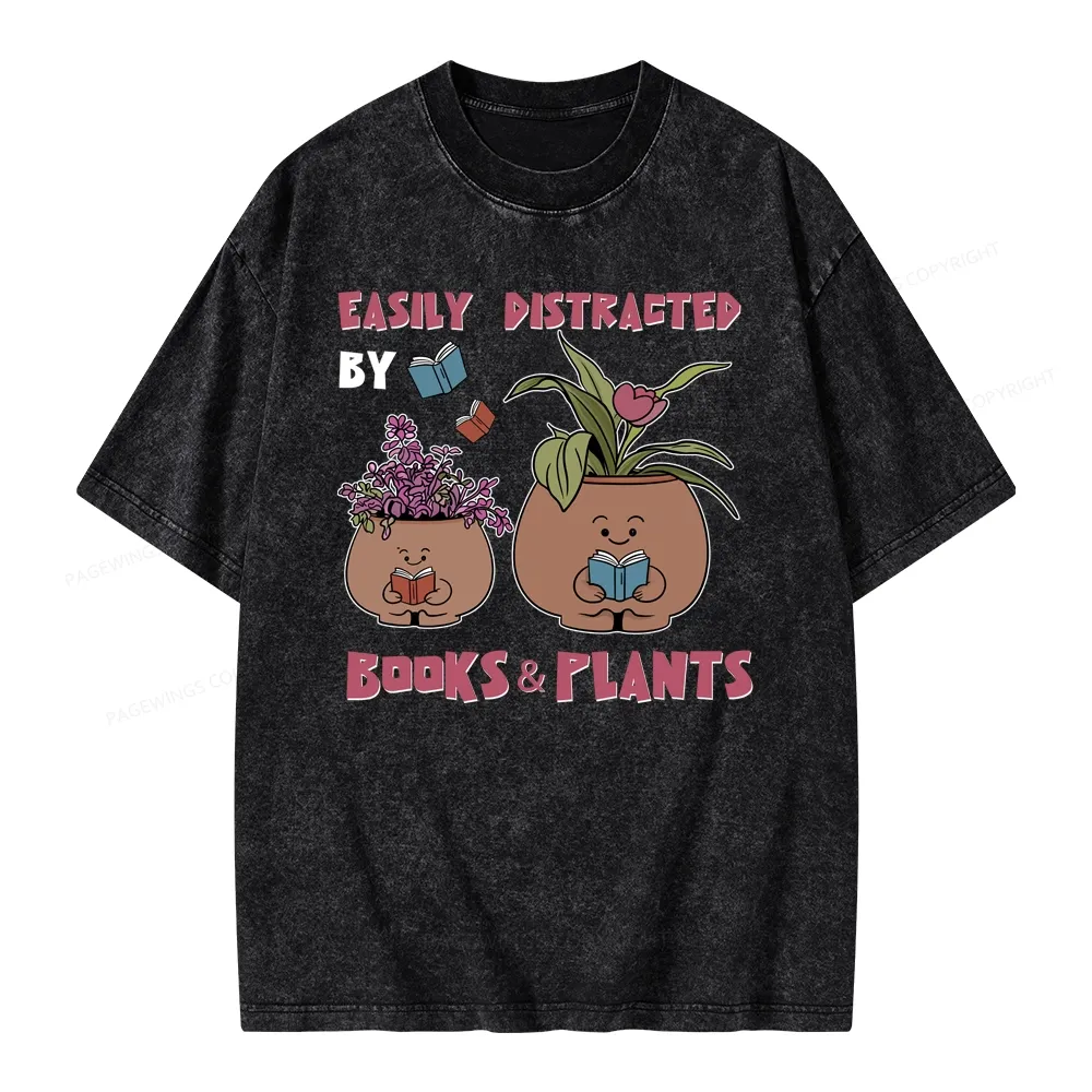 Pagewing Easily Distrafted By Books And Plants Unisex Washed T-shirt
