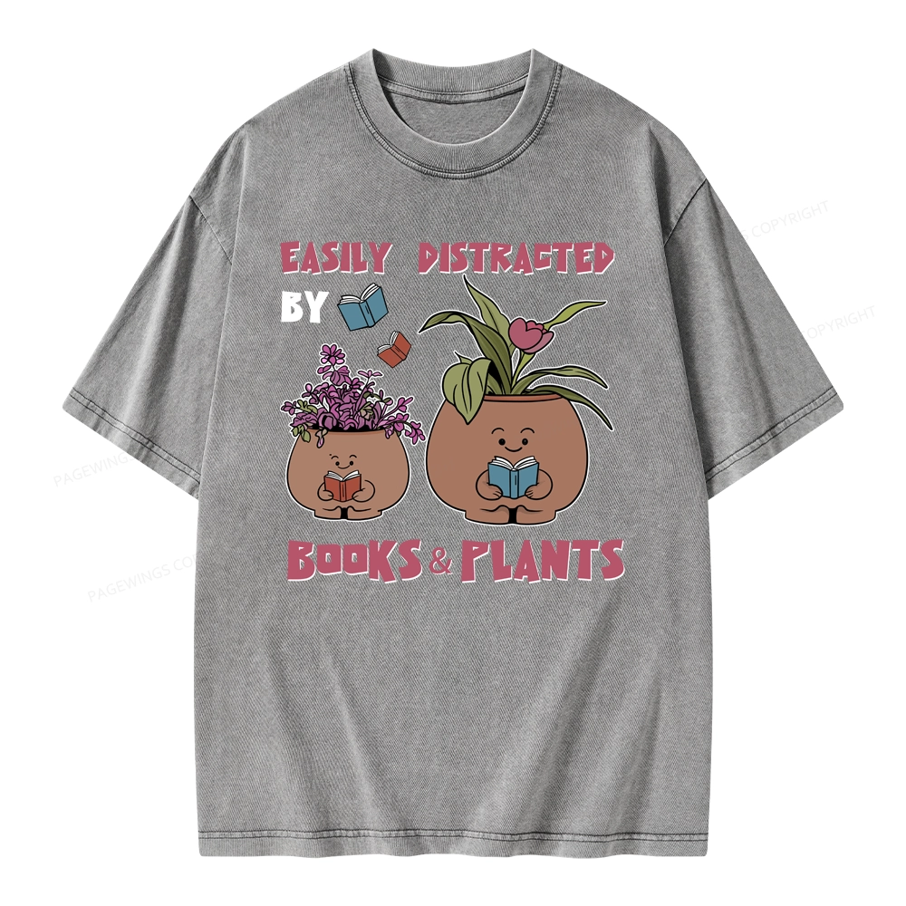 Pagewing Easily Distrafted By Books And Plants Unisex Washed T-shirt