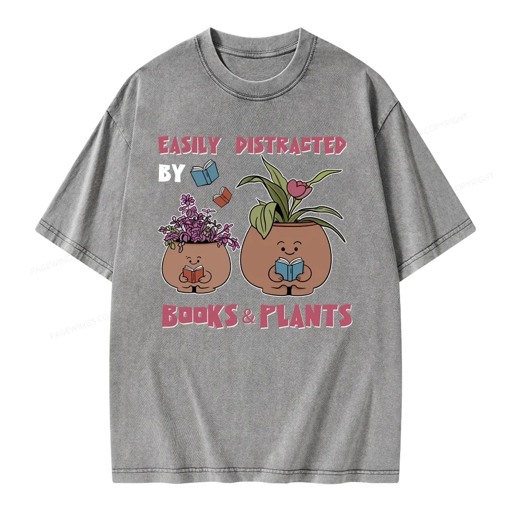 Pagewing Easily Distrafted By Books And Plants Unisex Washed T-shirt