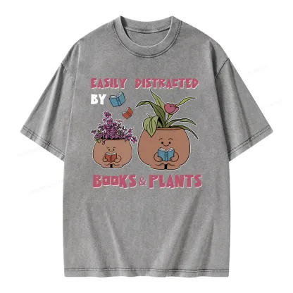 Pagewing Easily Distrafted By Books And Plants Unisex Washed T-shirt