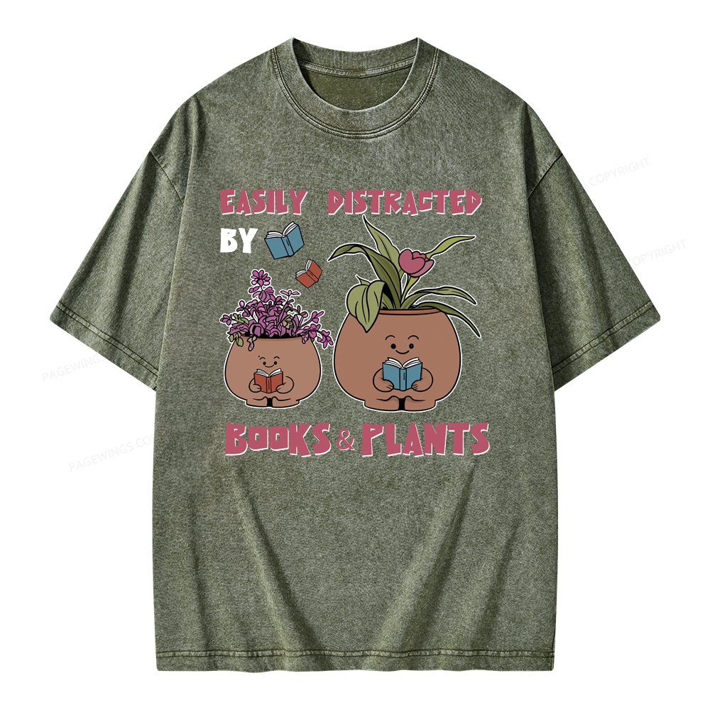 Pagewing Easily Distrafted By Books And Plants Unisex Washed T-shirt