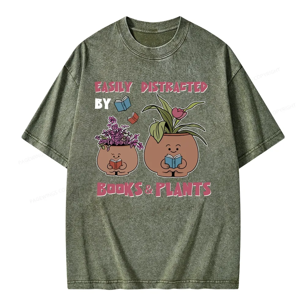 Pagewing Easily Distrafted By Books And Plants Unisex Washed T-shirt