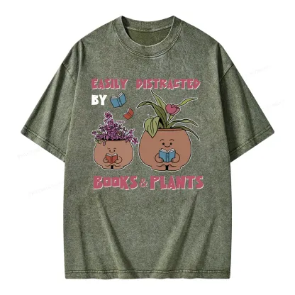 Pagewing Easily Distrafted By Books And Plants Unisex Washed T-shirt
