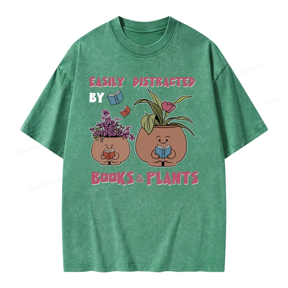 Pagewing Easily Distrafted By Books And Plants Unisex Washed T-shirt
