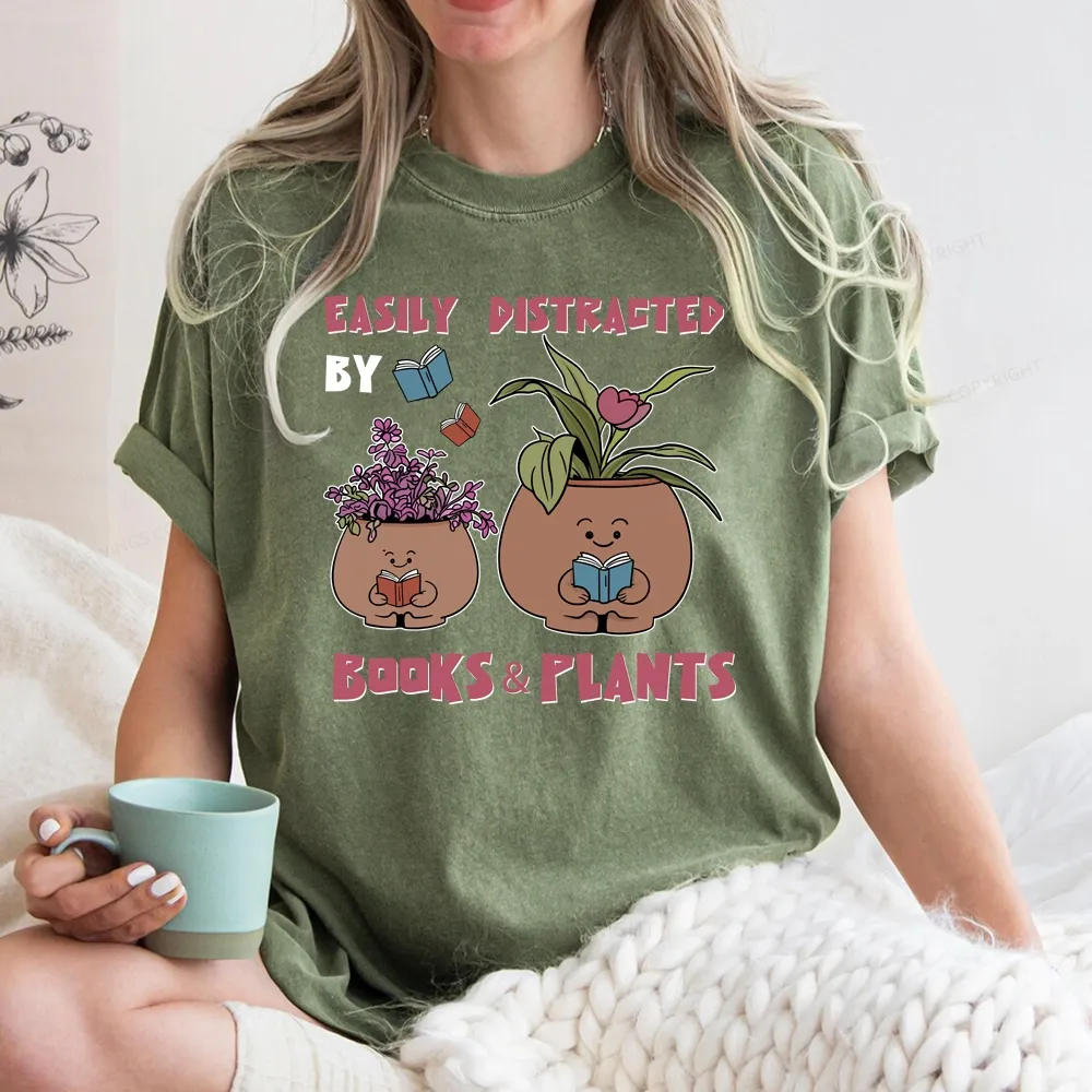 Pagewing Easily Distrafted By Books And Plants Unisex Washed T-shirt