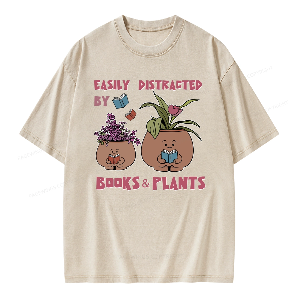 Pagewing Easily Distrafted By Books And Plants Unisex Washed T-shirt