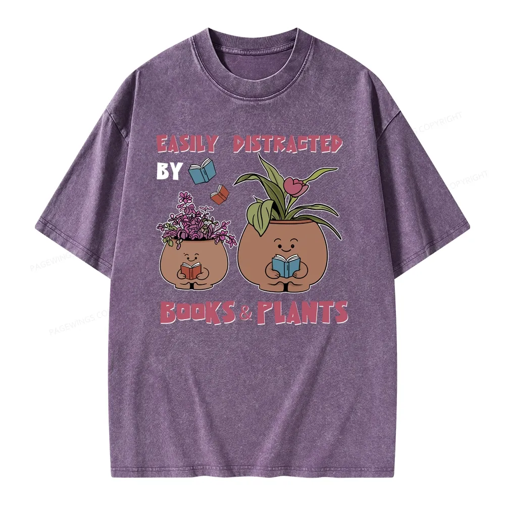 Pagewing Easily Distrafted By Books And Plants Unisex Washed T-shirt
