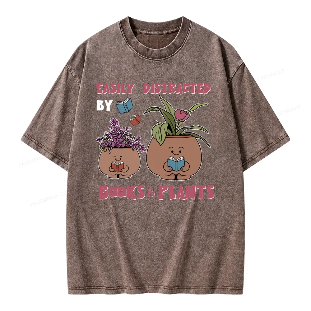 Pagewing Easily Distrafted By Books And Plants Unisex Washed T-shirt