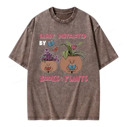 Pagewing Easily Distrafted By Books And Plants Unisex Washed T-shirt
