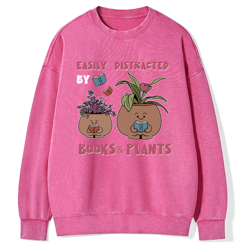 Pagewing Easily Distrafted By Books And Plants Unisex Washed Sweatshirt