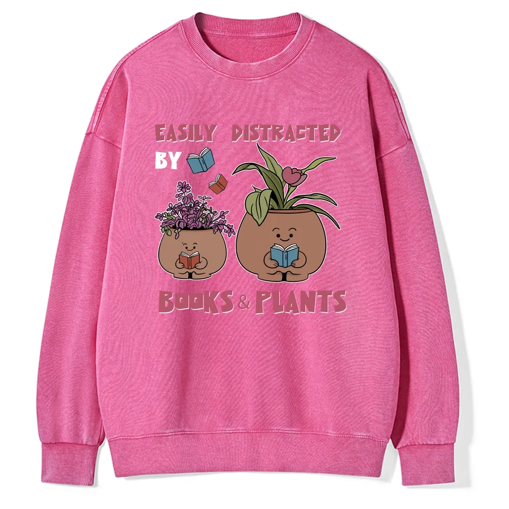 Pagewing Easily Distrafted By Books And Plants Unisex Washed Sweatshirt