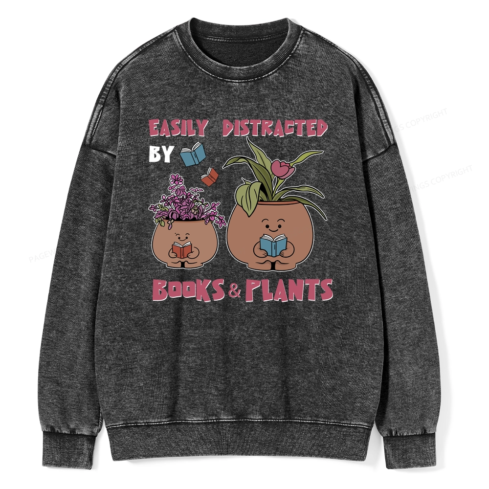 Pagewing Easily Distrafted By Books And Plants Unisex Washed Sweatshirt