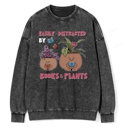 Pagewing Easily Distrafted By Books And Plants Unisex Washed Sweatshirt